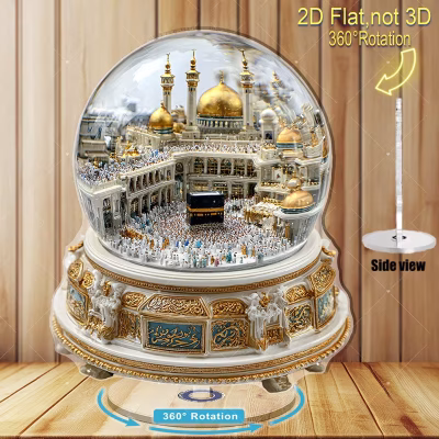 2D Flat Rotating Mecca Holy Mosque Snow Globe Statue – 360° Manual Rotation Islamic Décor