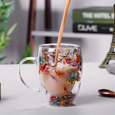 350ml Sun Eye Preserved Floral Insulated Glass Cup – Double-Wall Reusable Highball Tumbler with Leak-Proof Lid, Vibrant Immortal Flower Design for Coffee, Whiskey & Water