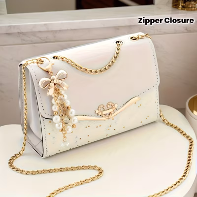 Stylish Beige Crossbody Bag with Gold Chain & Tassel Detail