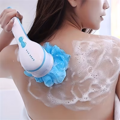 Electric Bath Scrubber with Long Handle – Soft Bristle Body Brush for Deep Cleaning & Back Massage, Easy Bathing Tool for Home or Dorm